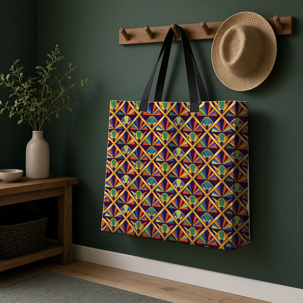 Gilded Lattice Sunburst Weekender Tote Bag hanging on a peg rail in a green hallway
