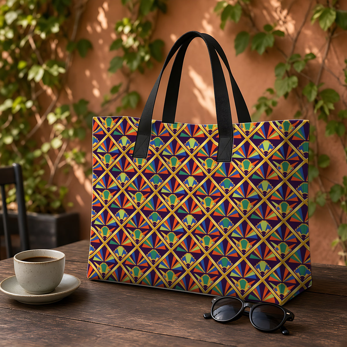 Gilded Lattice Sunburst Weekender Tote Bag on a garden café table