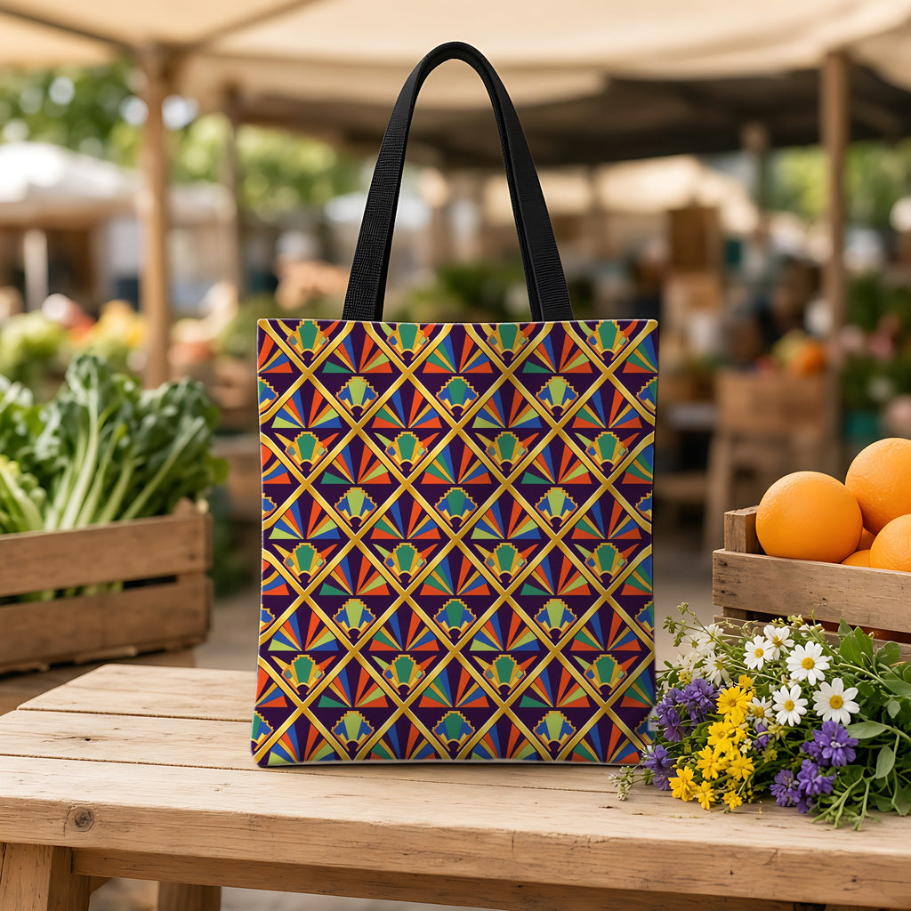 Gilded Lattice Sunburst Weekender Tote Bag on a wooden bench at a farmers market