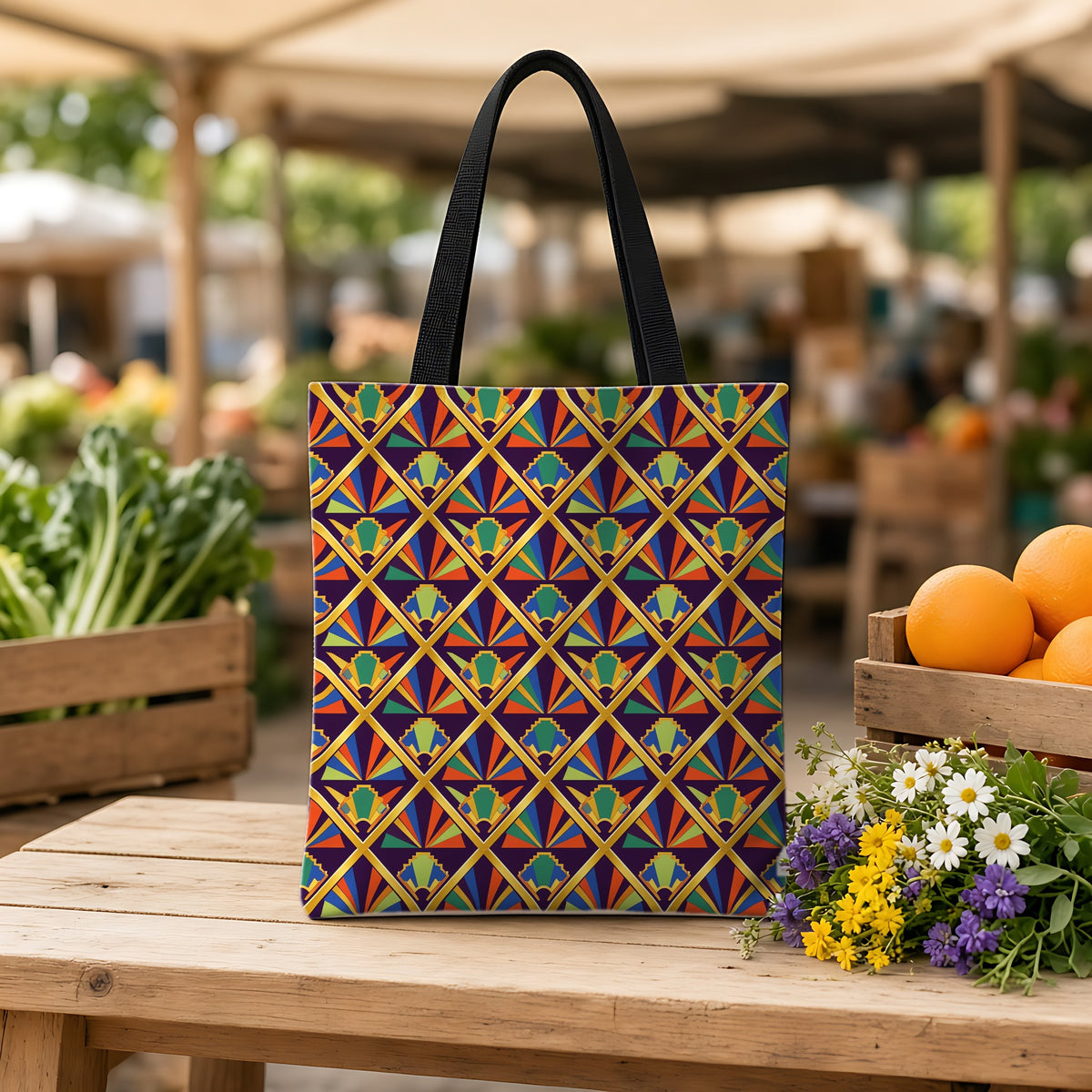 Gilded Lattice Sunburst Weekender Tote Bag on a wooden bench at a farmers market
