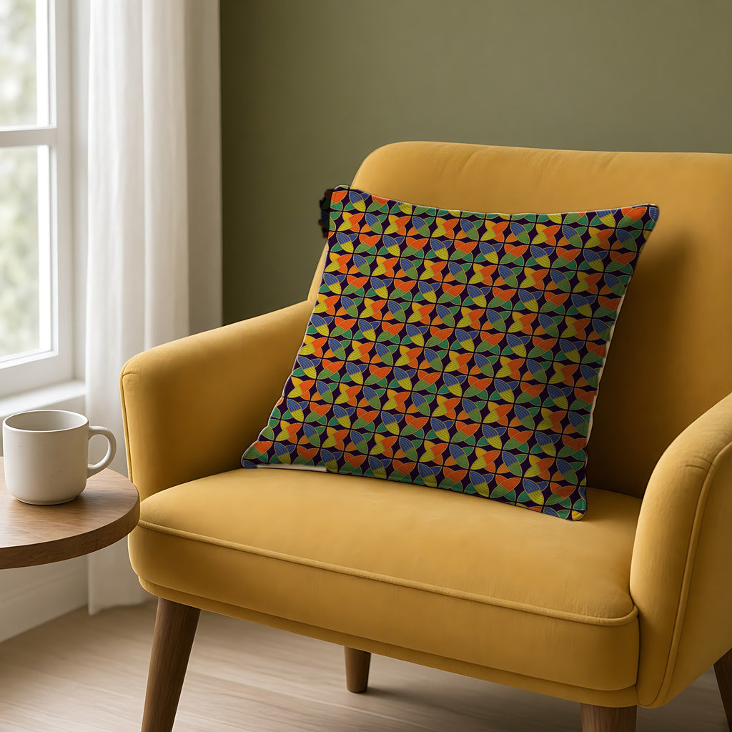 Woven Petal Quatrefoil Faux Suede Cushion on a mustard armchair by a window