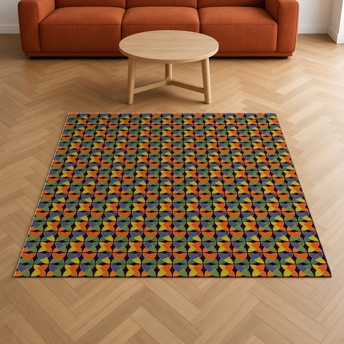 Woven Petal Quatrefoil Outdoor Rug on a herringbone wood floor in a living room