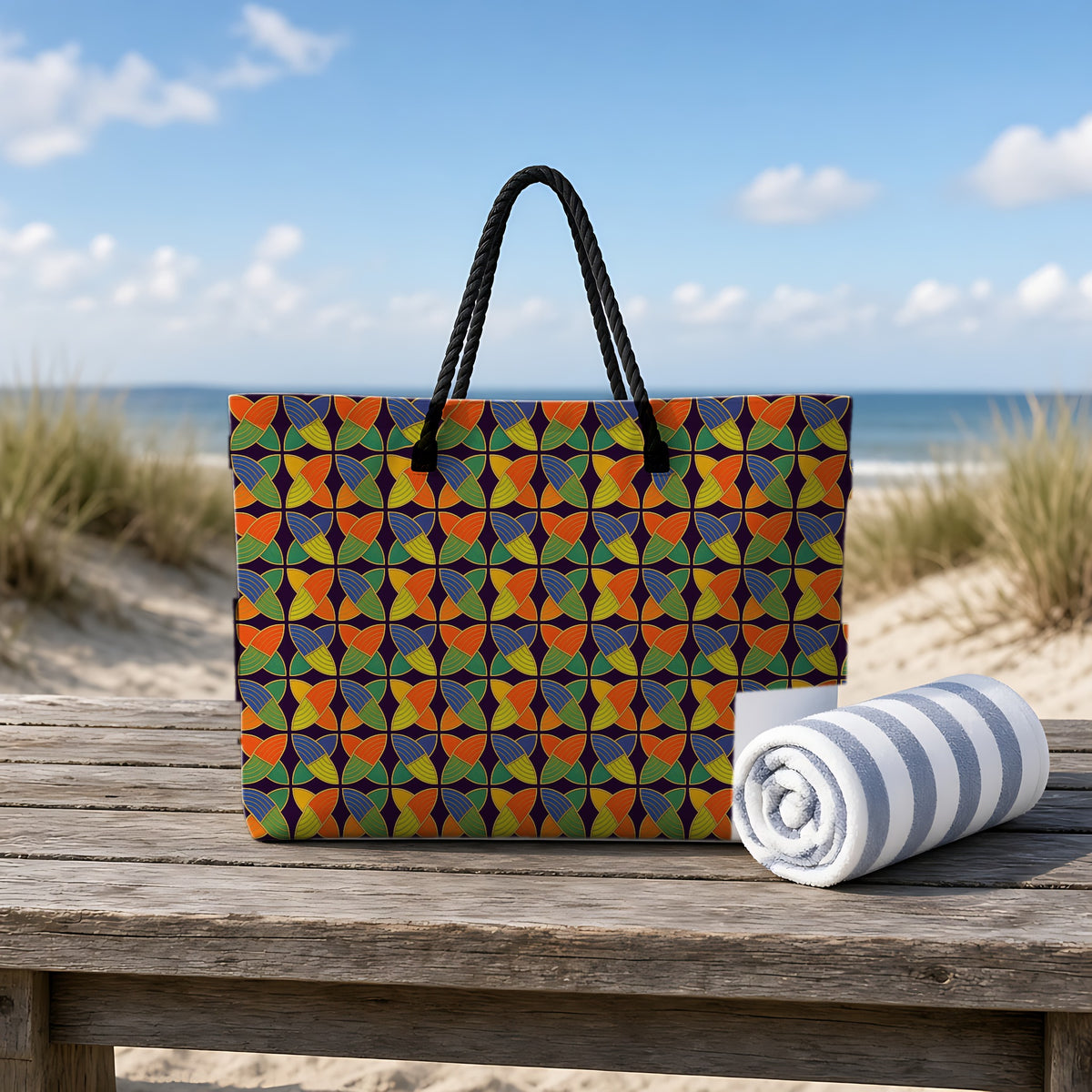 Woven Petal Quatrefoil Weekender Tote Bag on a rustic table by the beach