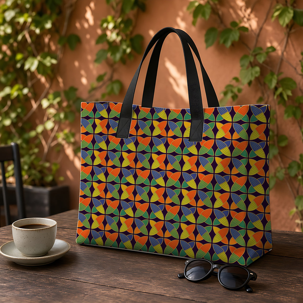 Woven Petal Quatrefoil Weekender Tote Bag on a garden café table
