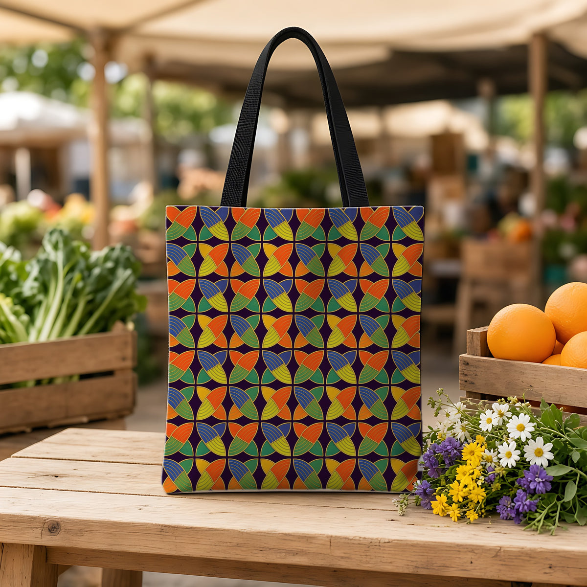 Woven Petal Quatrefoil Weekender Tote Bag on a wooden bench at a farmers market