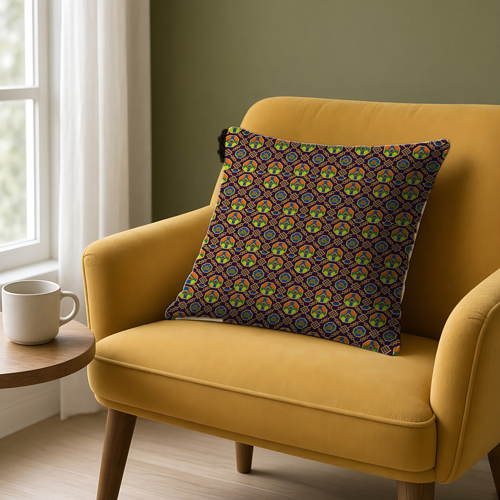 Octagon Enamel Lattice Faux Suede Cushion on a mustard armchair by a window