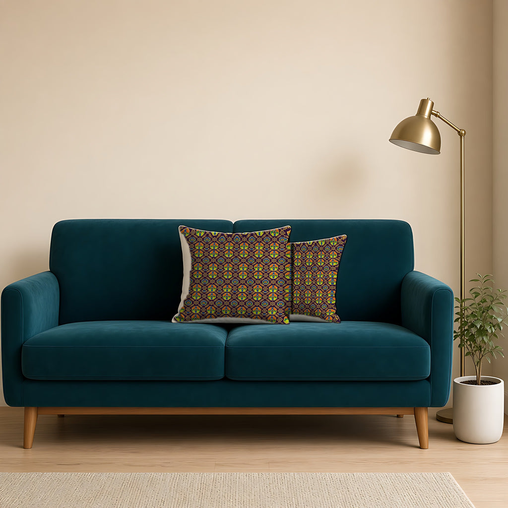 Octagon Enamel Lattice Faux Suede Cushion on a teal velvet sofa