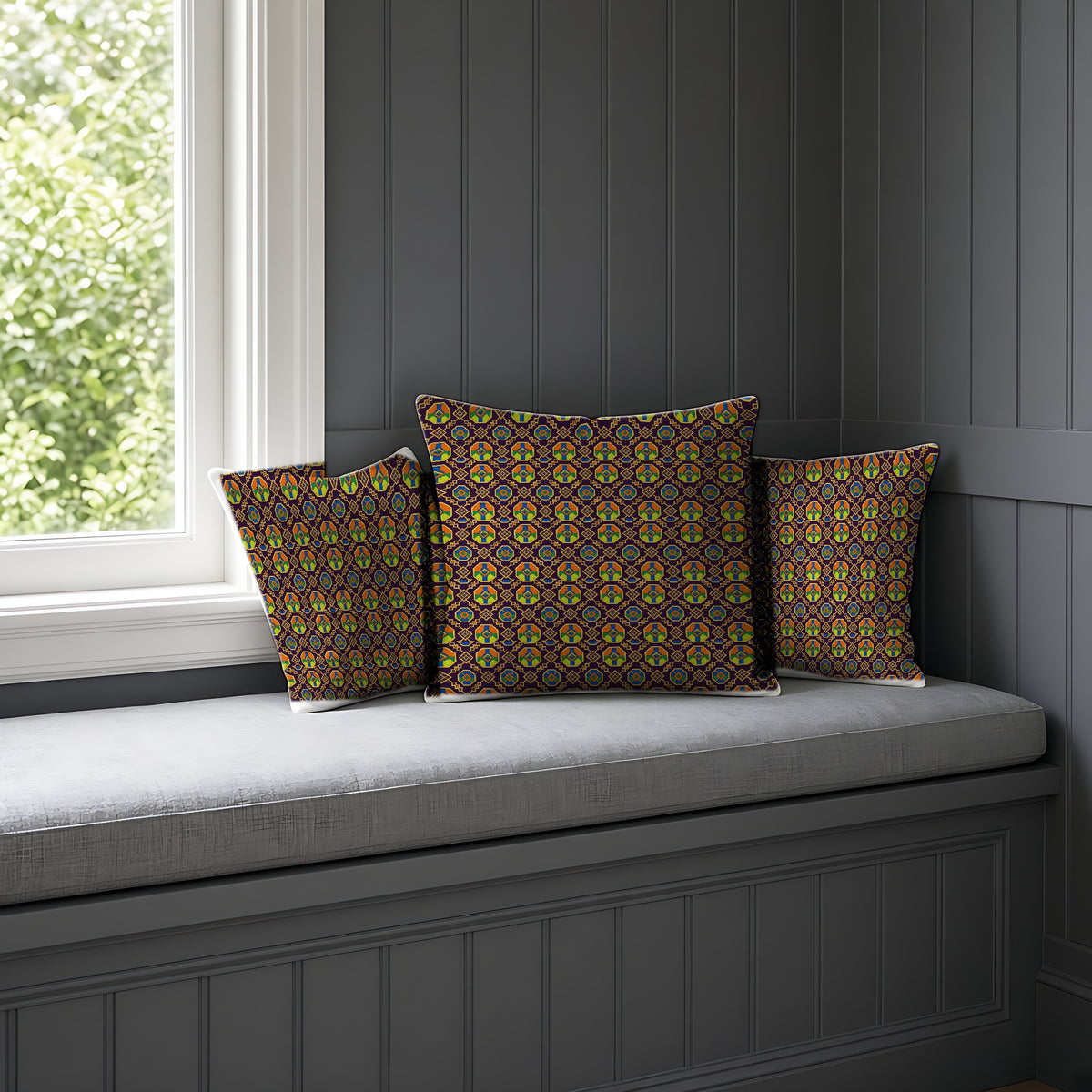 Octagon Enamel Lattice Faux Suede Cushion on a window seat