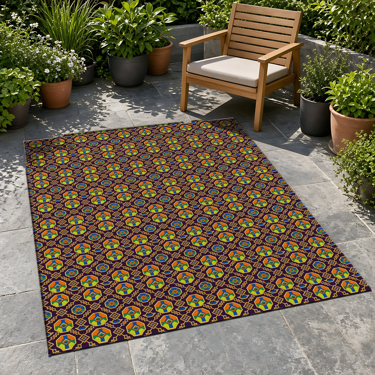 Octagon Enamel Lattice Outdoor Rug on a stone patio with potted plants