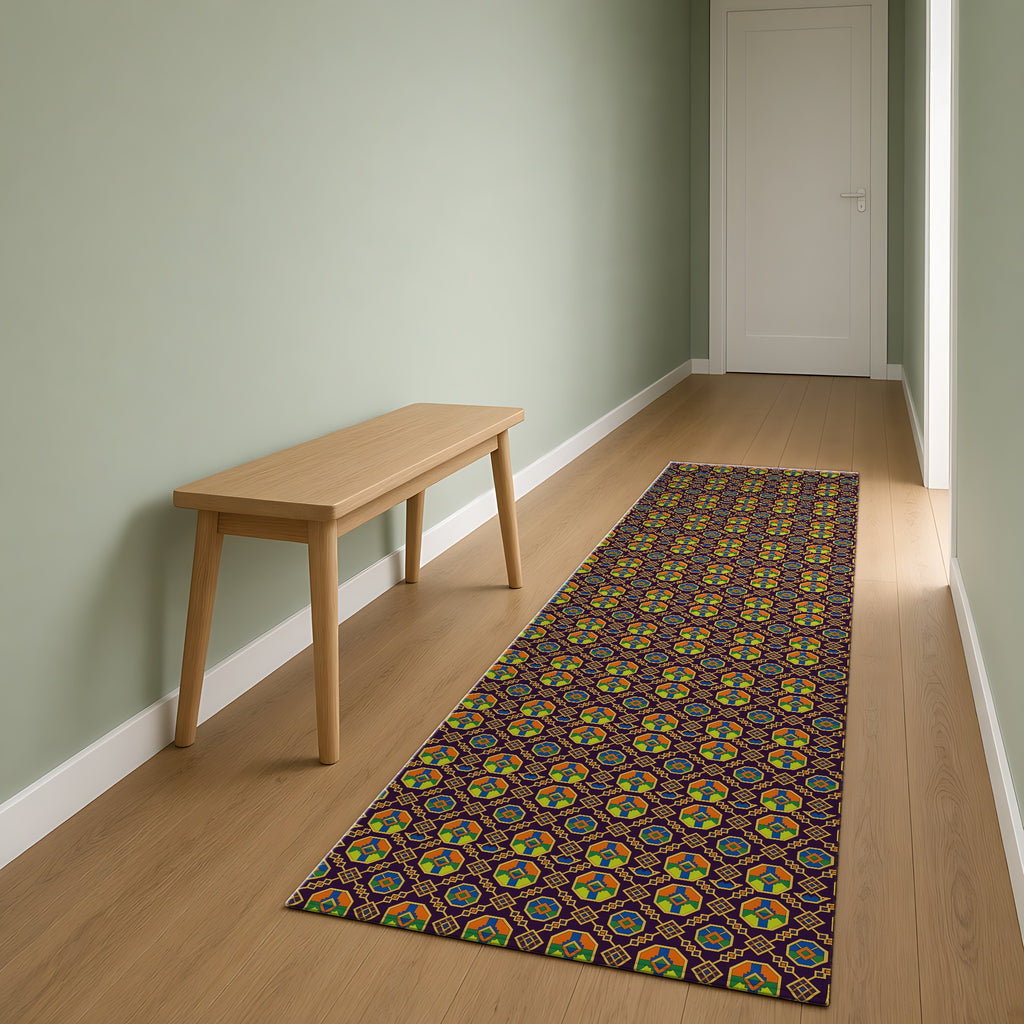 Octagon Enamel Lattice Outdoor Rug as a runner in a sage-green hallway