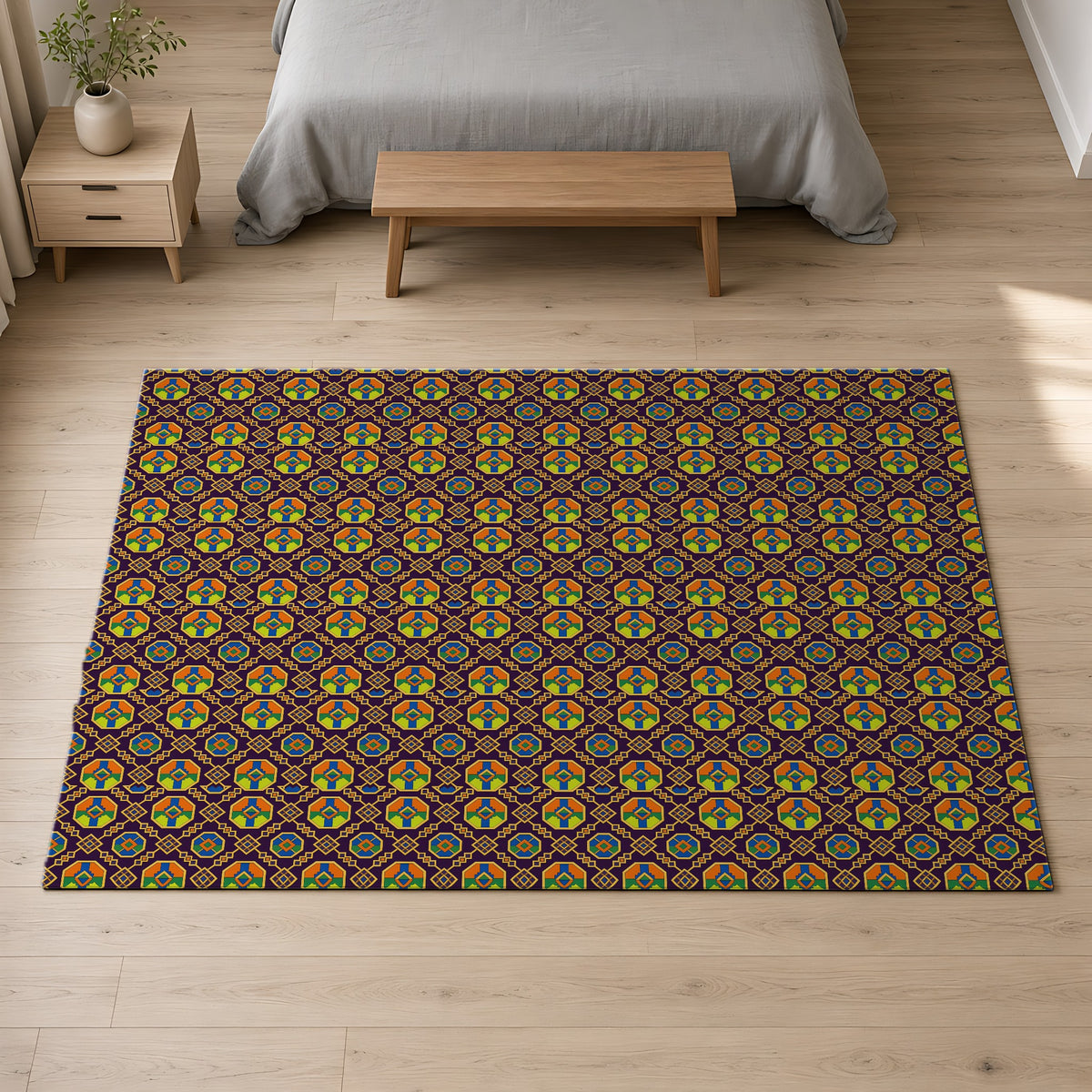 Octagon Enamel Lattice Outdoor Rug on a pale oak floor in a calm bedroom