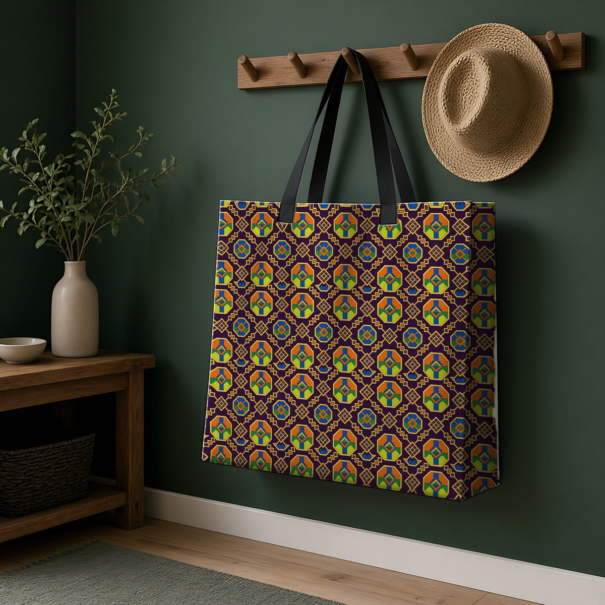 Octagon Enamel Lattice Weekender Tote Bag hanging on a peg rail in a green hallway