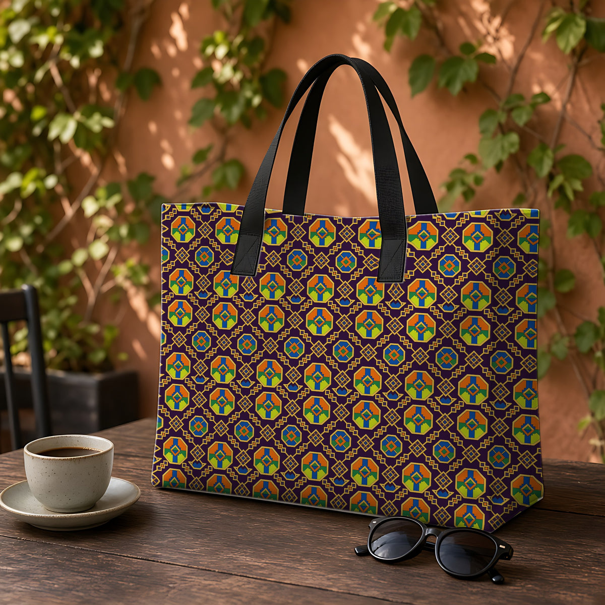 Octagon Enamel Lattice Weekender Tote Bag on a garden café table