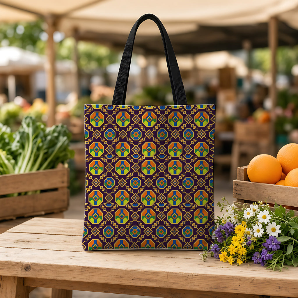 Octagon Enamel Lattice Weekender Tote Bag on a wooden bench at a farmers market