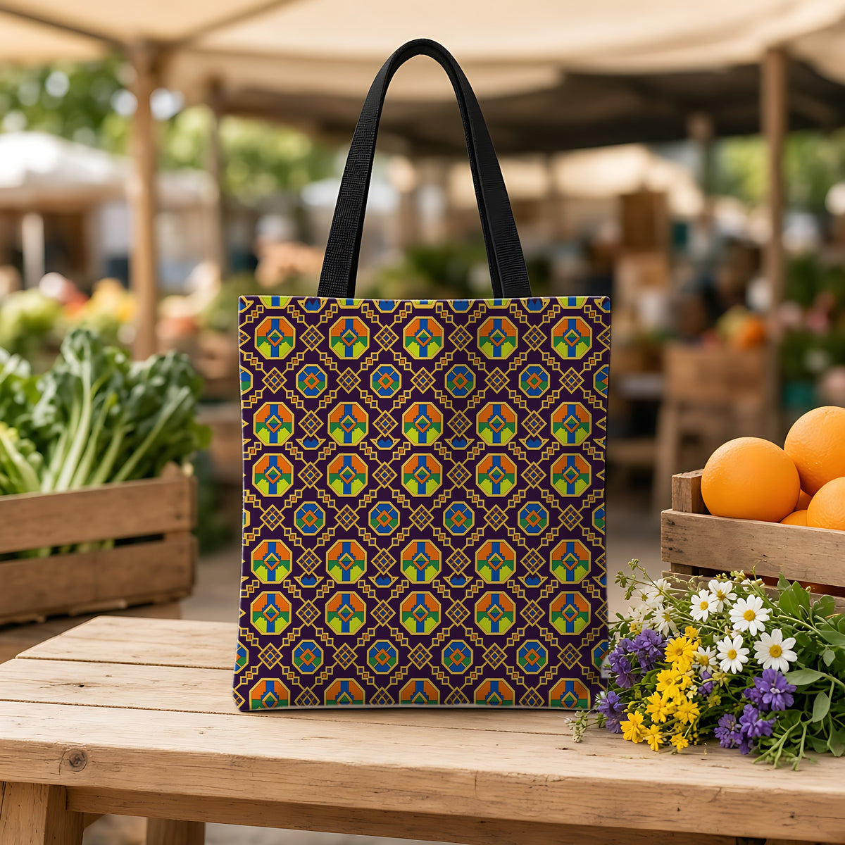 Octagon Enamel Lattice Weekender Tote Bag on a wooden bench at a farmers market