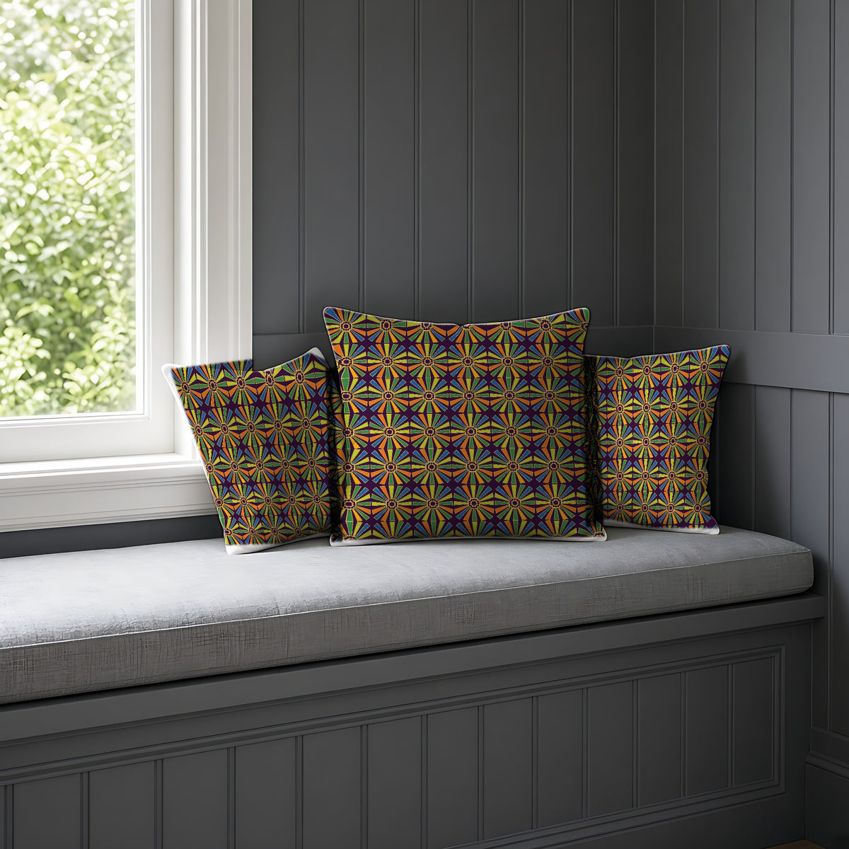 Sunray Medallion Grid Faux Suede Cushion on a window seat