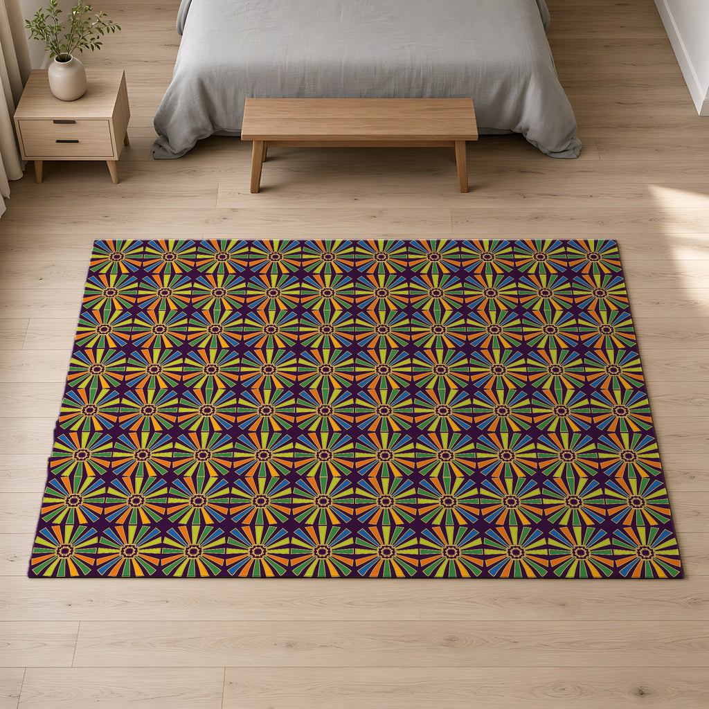 Sunray Medallion Grid Outdoor Rug on a pale oak floor in a calm bedroom