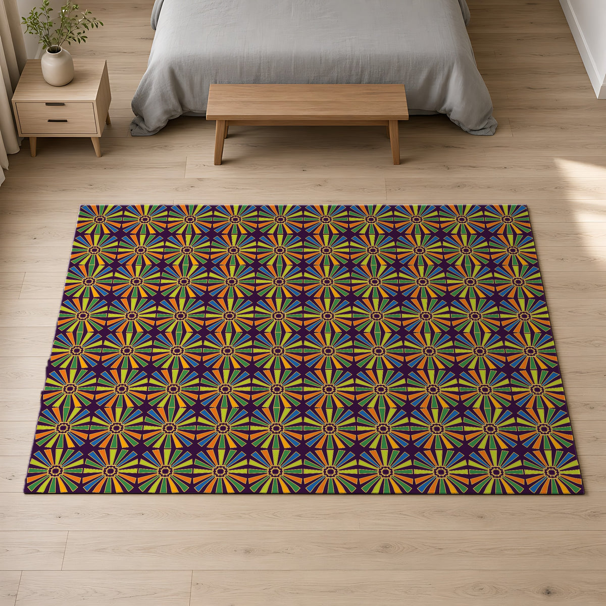 Sunray Medallion Grid Outdoor Rug on a pale oak floor in a calm bedroom