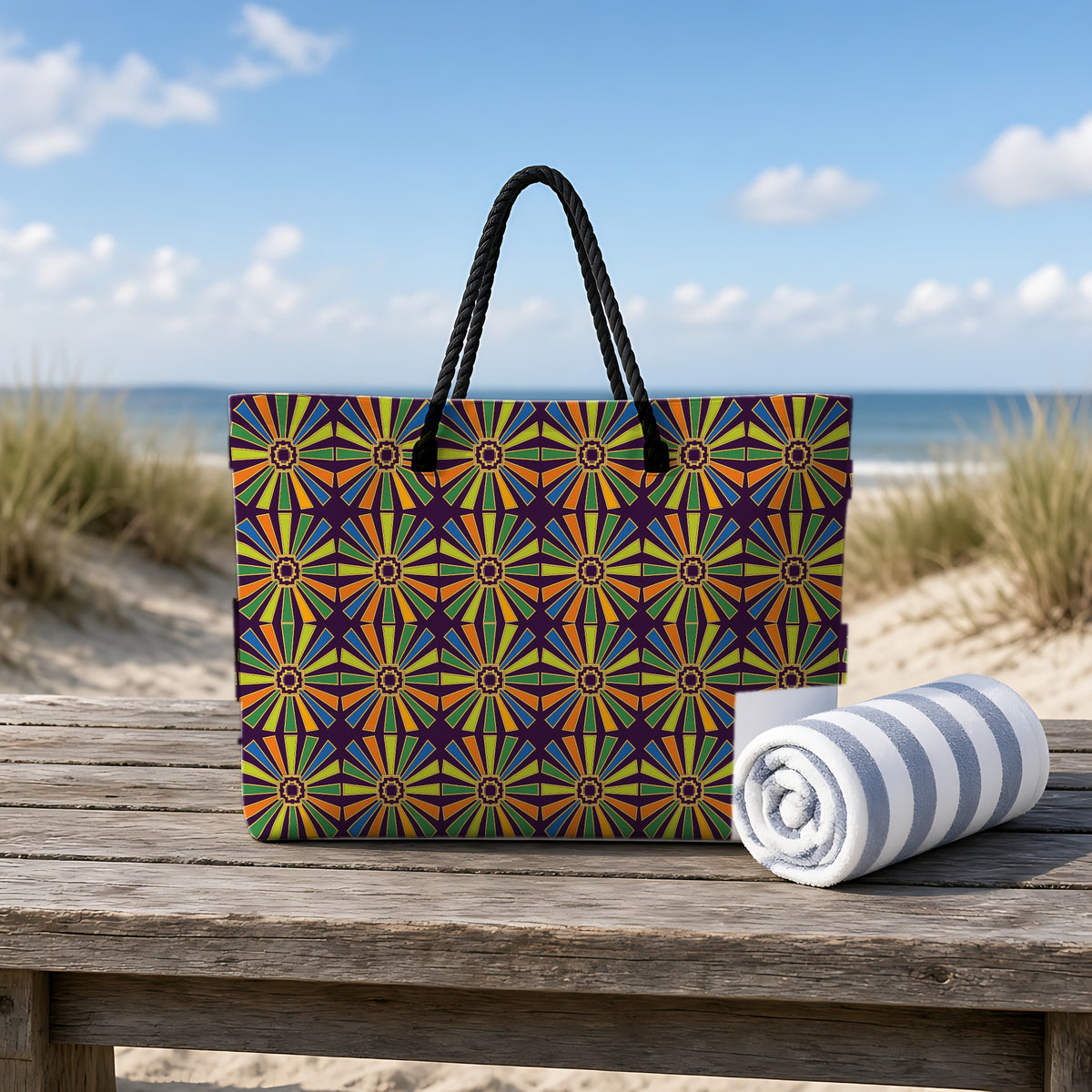 Sunray Medallion Grid Weekender Tote Bag on a rustic table by the beach