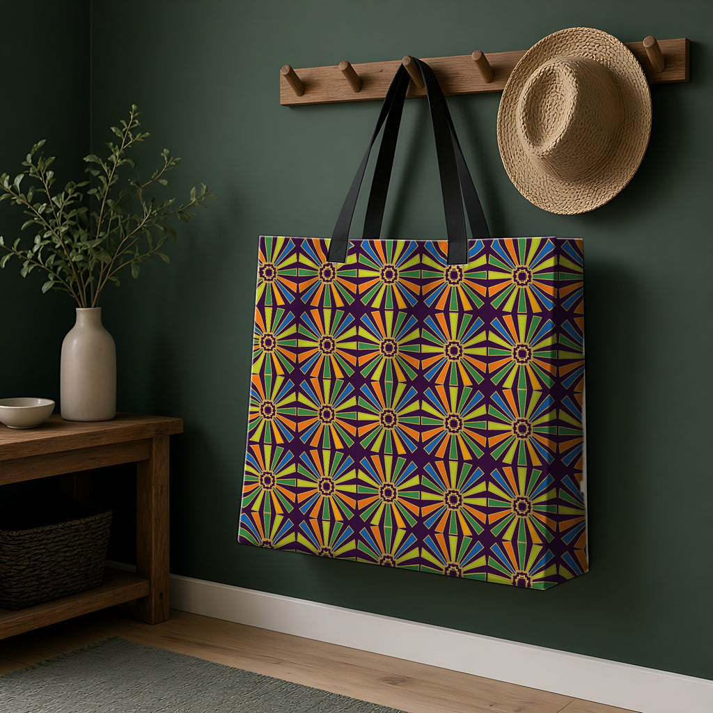 Sunray Medallion Grid Weekender Tote Bag hanging on a peg rail in a green hallway