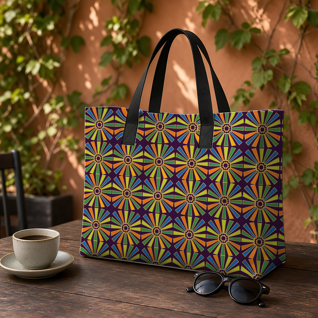 Sunray Medallion Grid Weekender Tote Bag on a garden café table