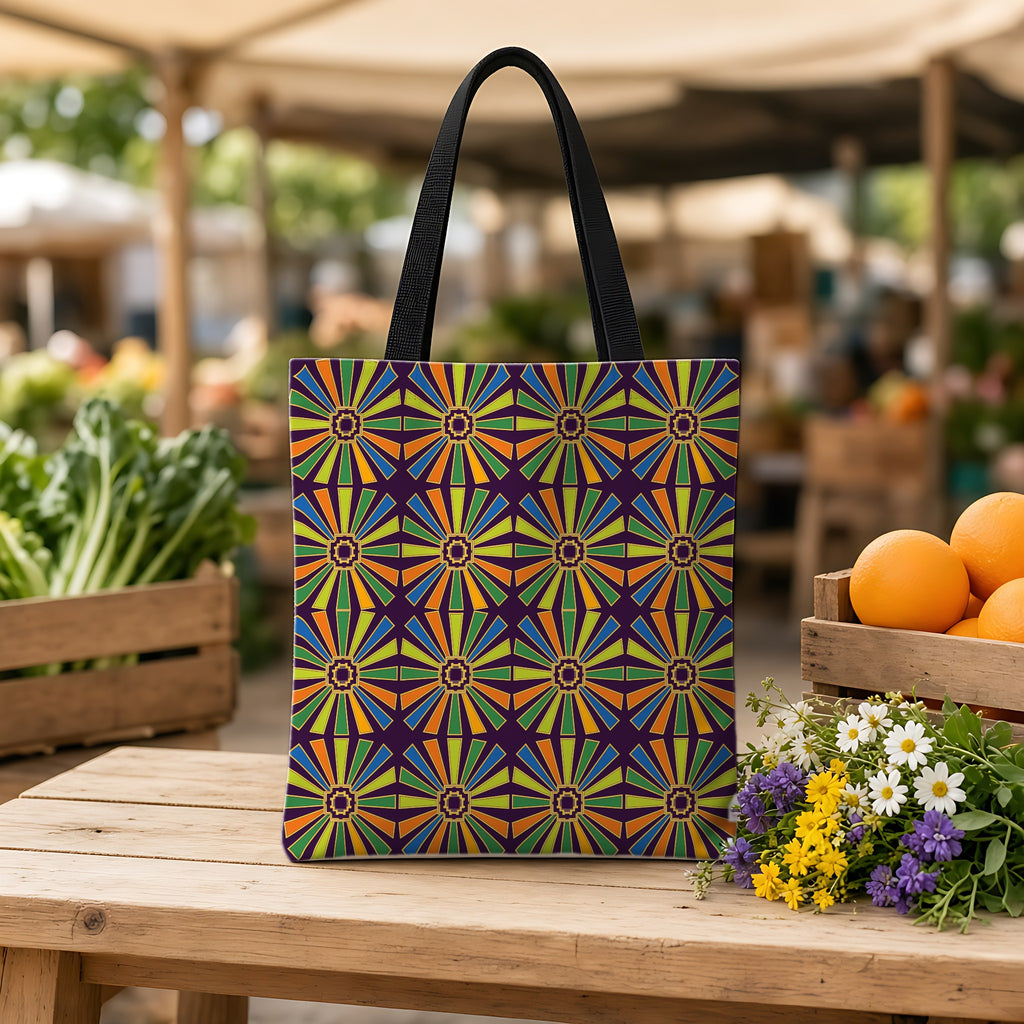 Sunray Medallion Grid Weekender Tote Bag on a wooden bench at a farmers market
