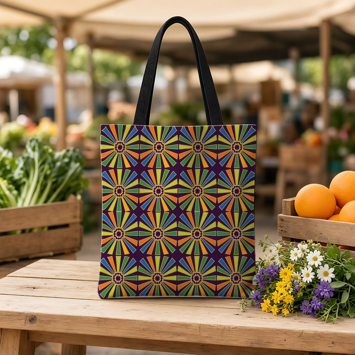 Sunray Medallion Grid Weekender Tote Bag on a wooden bench at a farmers market