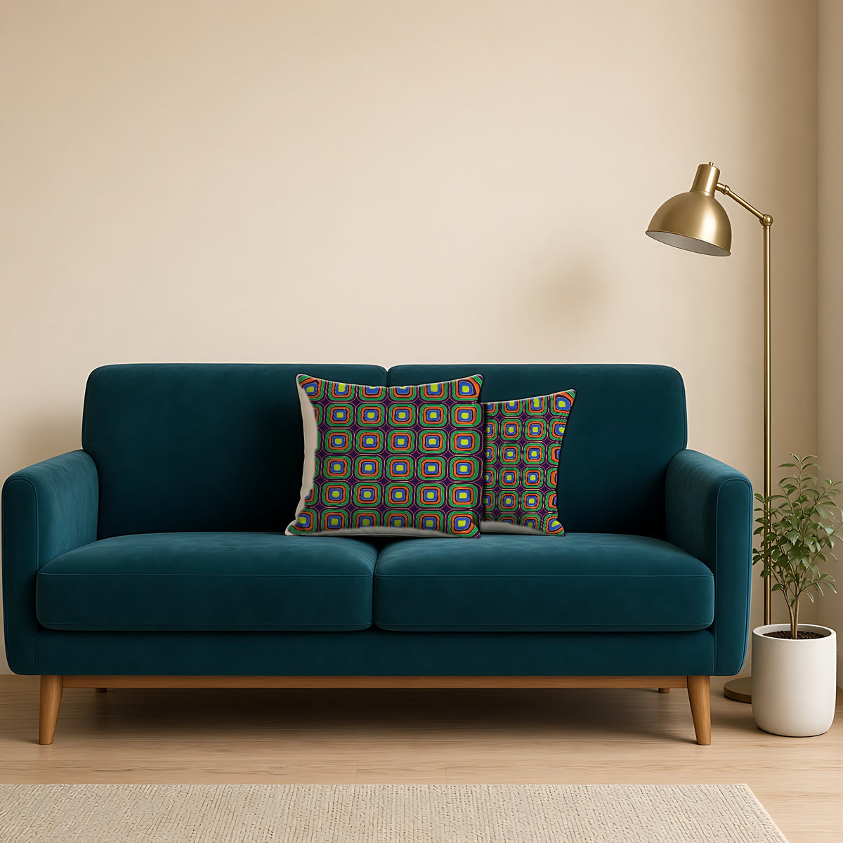 Op-Deco Nested Squares Faux Suede Cushion on a teal velvet sofa