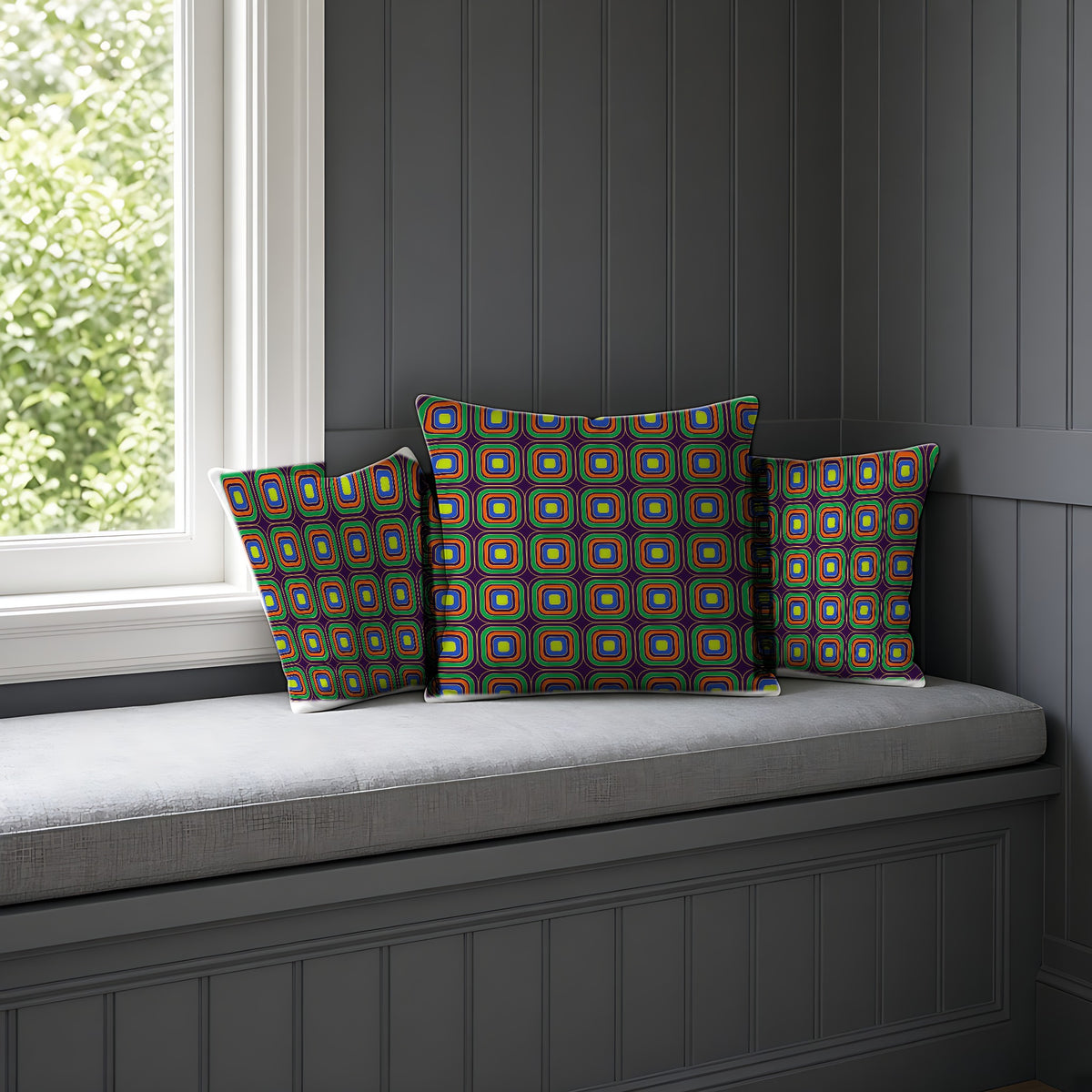 Op-Deco Nested Squares Faux Suede Cushion on a window seat