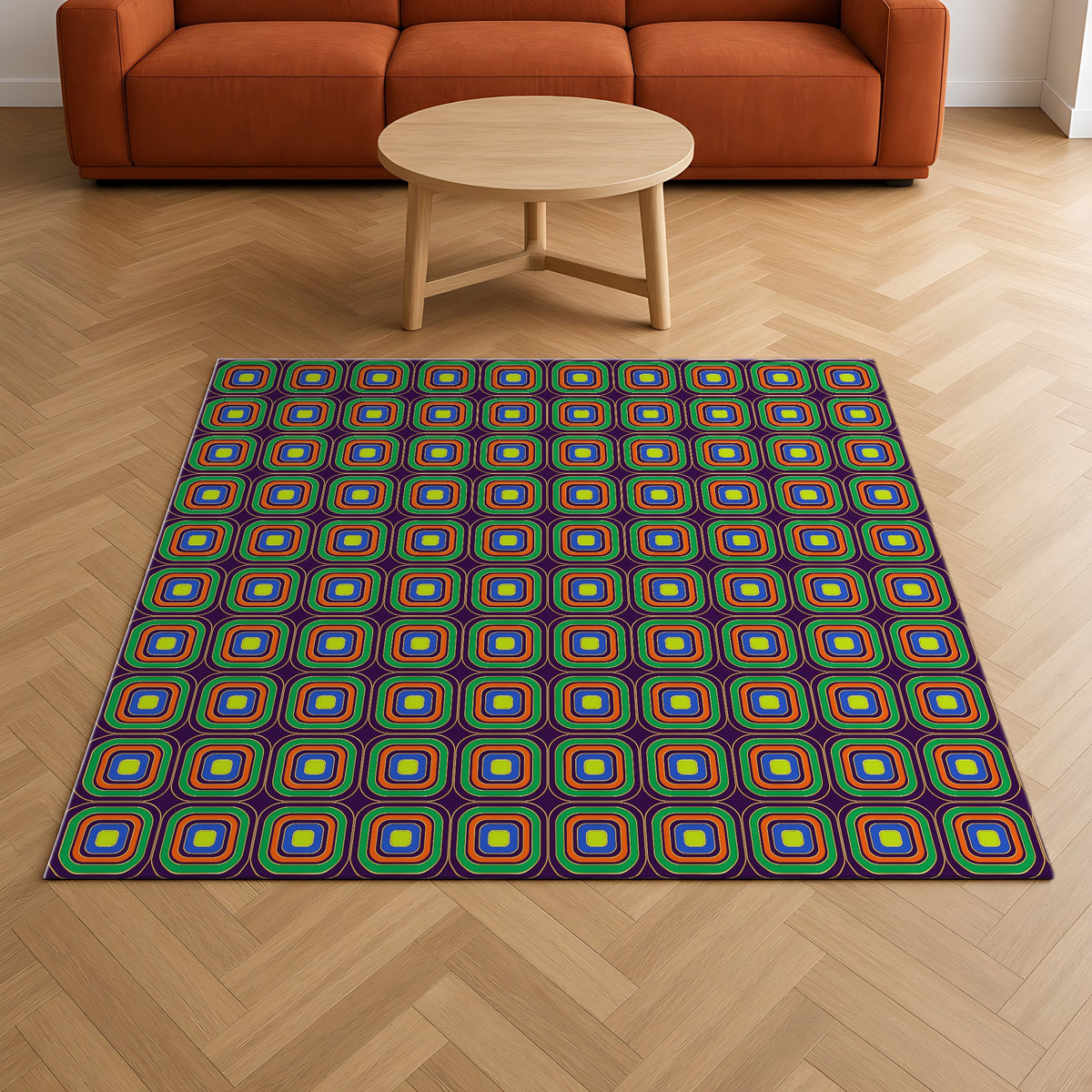 Op-Deco Nested Squares Outdoor Rug on a herringbone wood floor in a living room