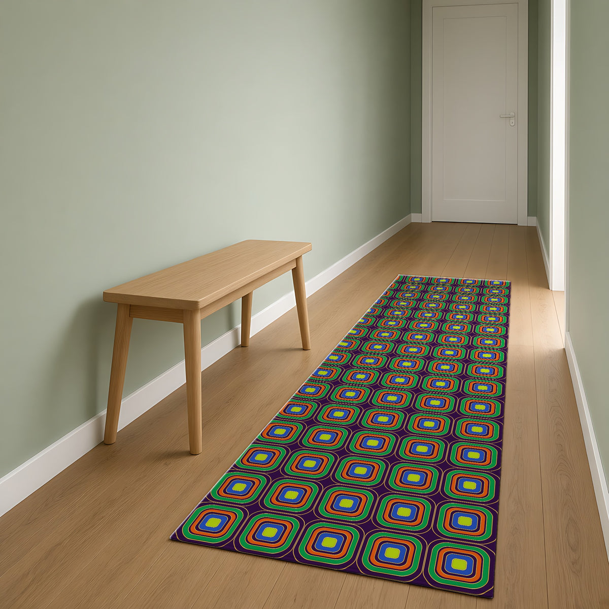 Op-Deco Nested Squares Outdoor Rug as a runner in a sage-green hallway