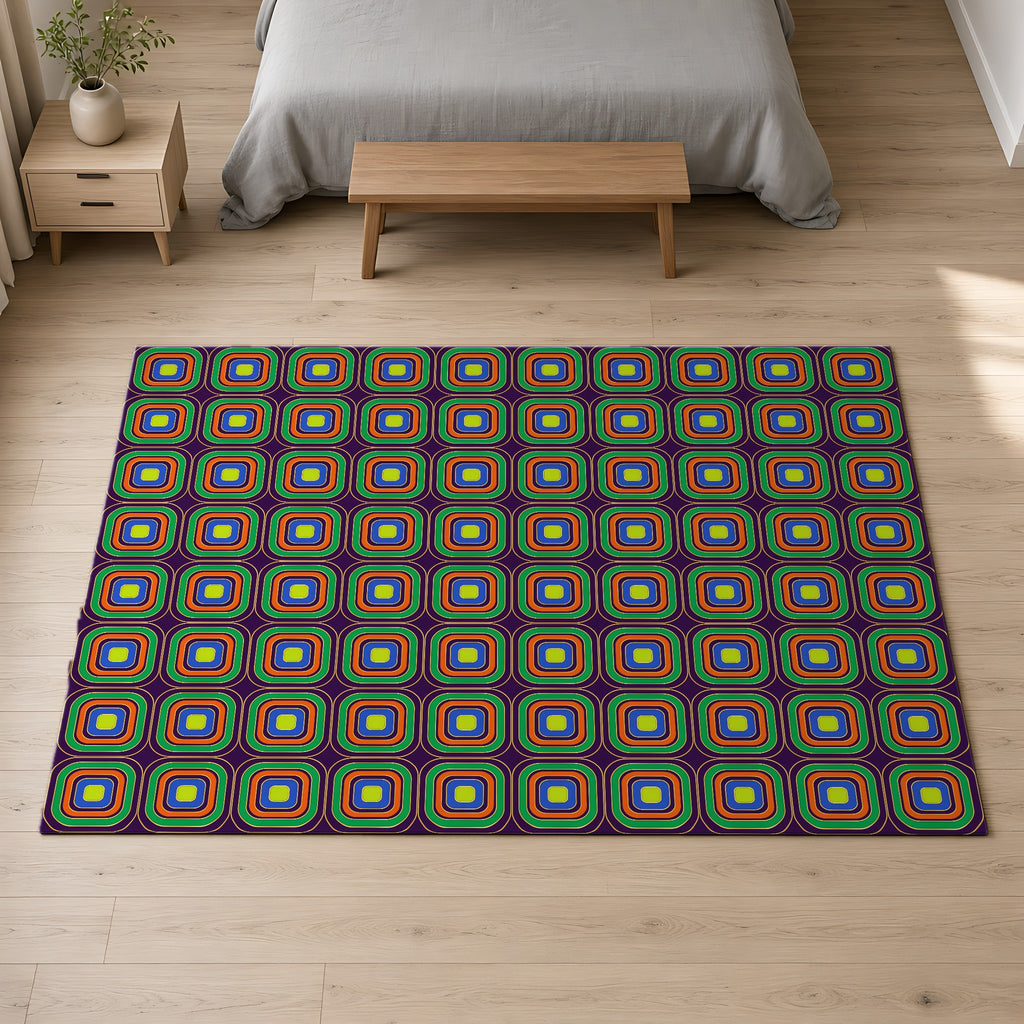 Op-Deco Nested Squares Outdoor Rug on a pale oak floor in a calm bedroom