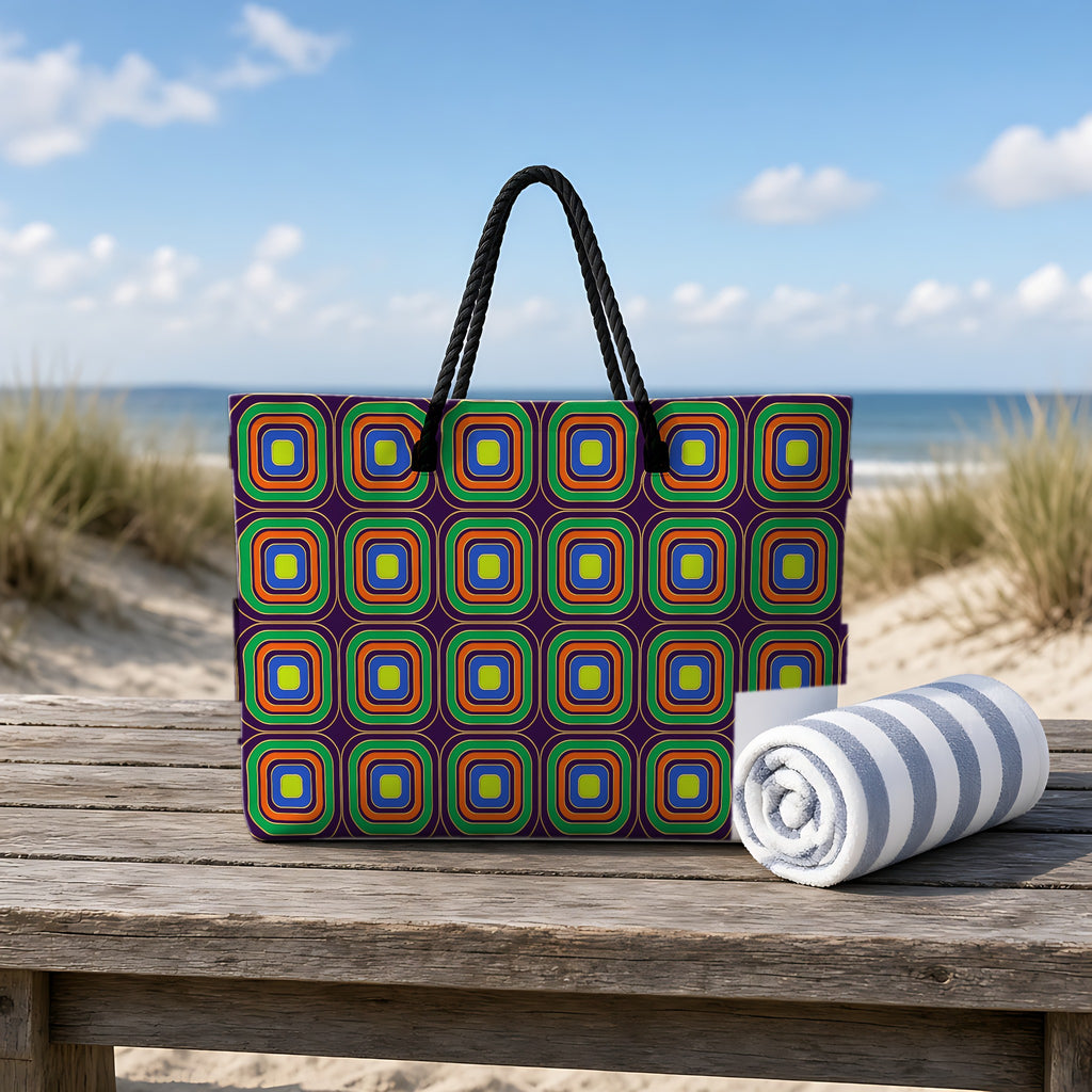 Op-Deco Nested Squares Weekender Tote Bag on a rustic table by the beach