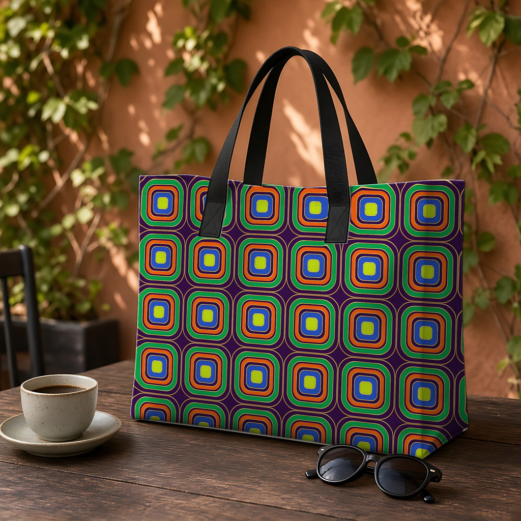 Op-Deco Nested Squares Weekender Tote Bag on a garden café table