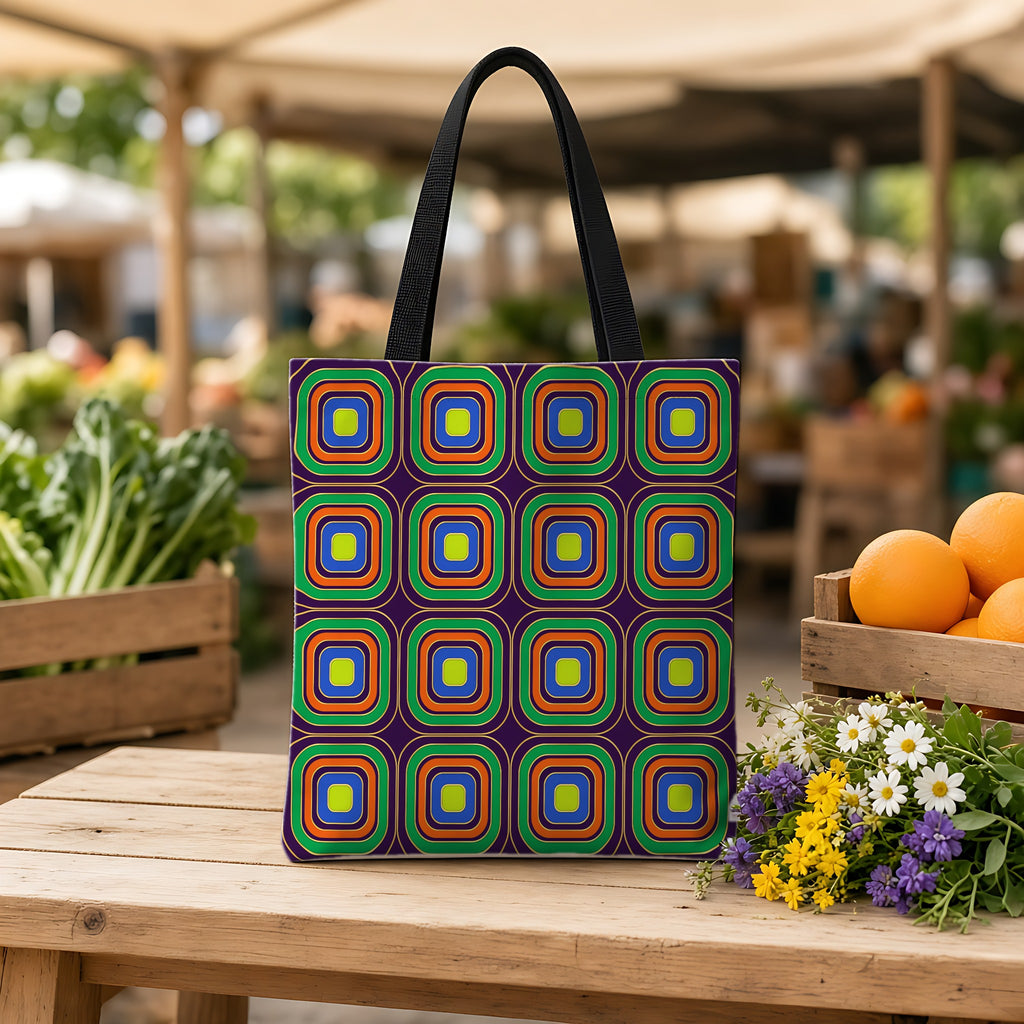 Op-Deco Nested Squares Weekender Tote Bag on a wooden bench at a farmers market