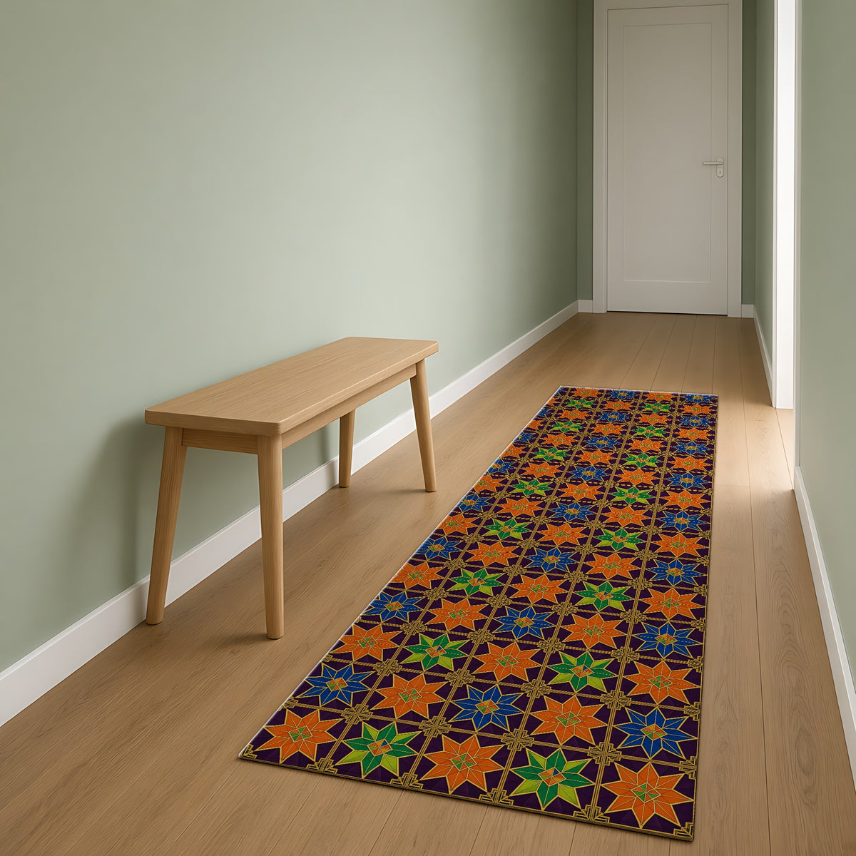 Deco Star Tiles Outdoor Rug as a runner in a sage-green hallway