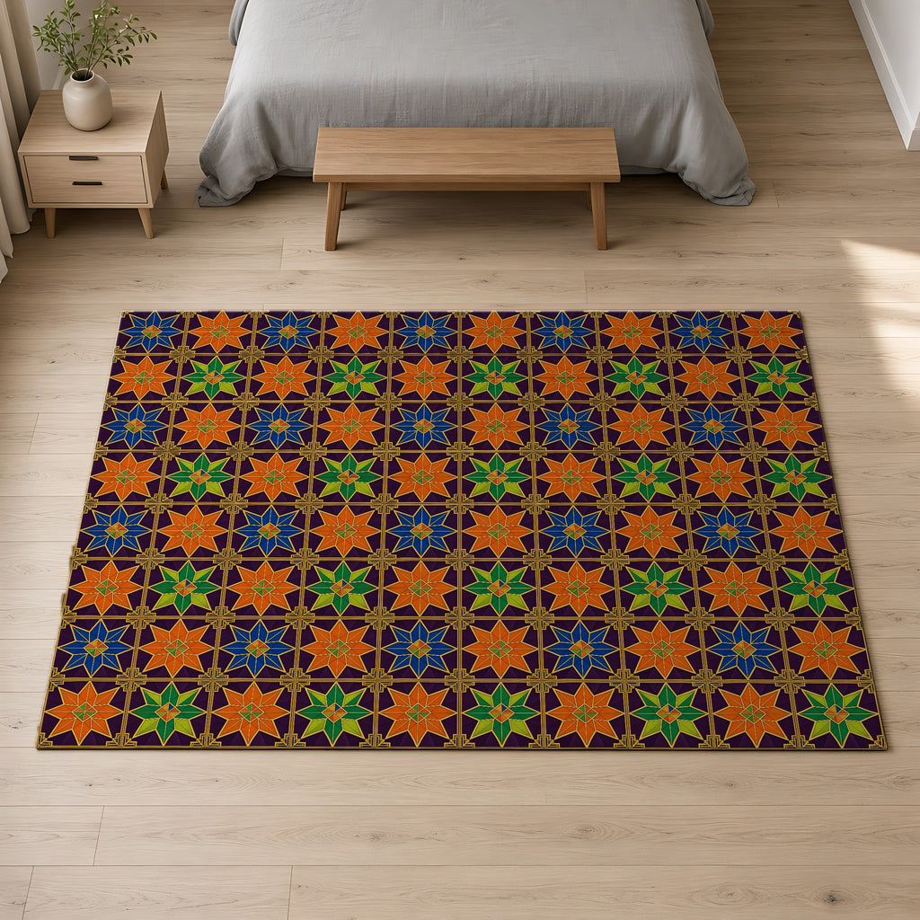 Deco Star Tiles Outdoor Rug on a pale oak floor in a calm bedroom