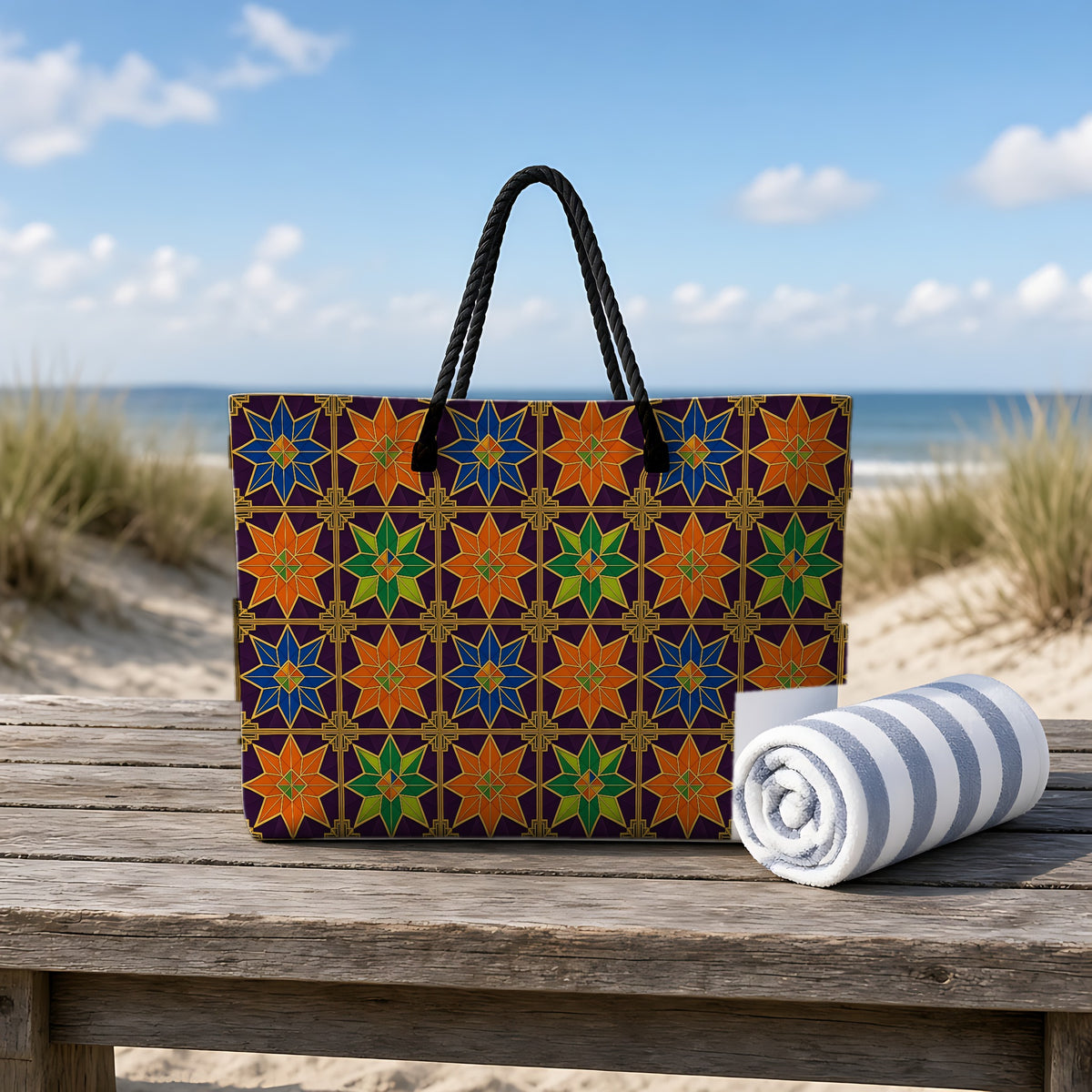 Deco Star Tiles Weekender Tote Bag on a rustic table by the beach