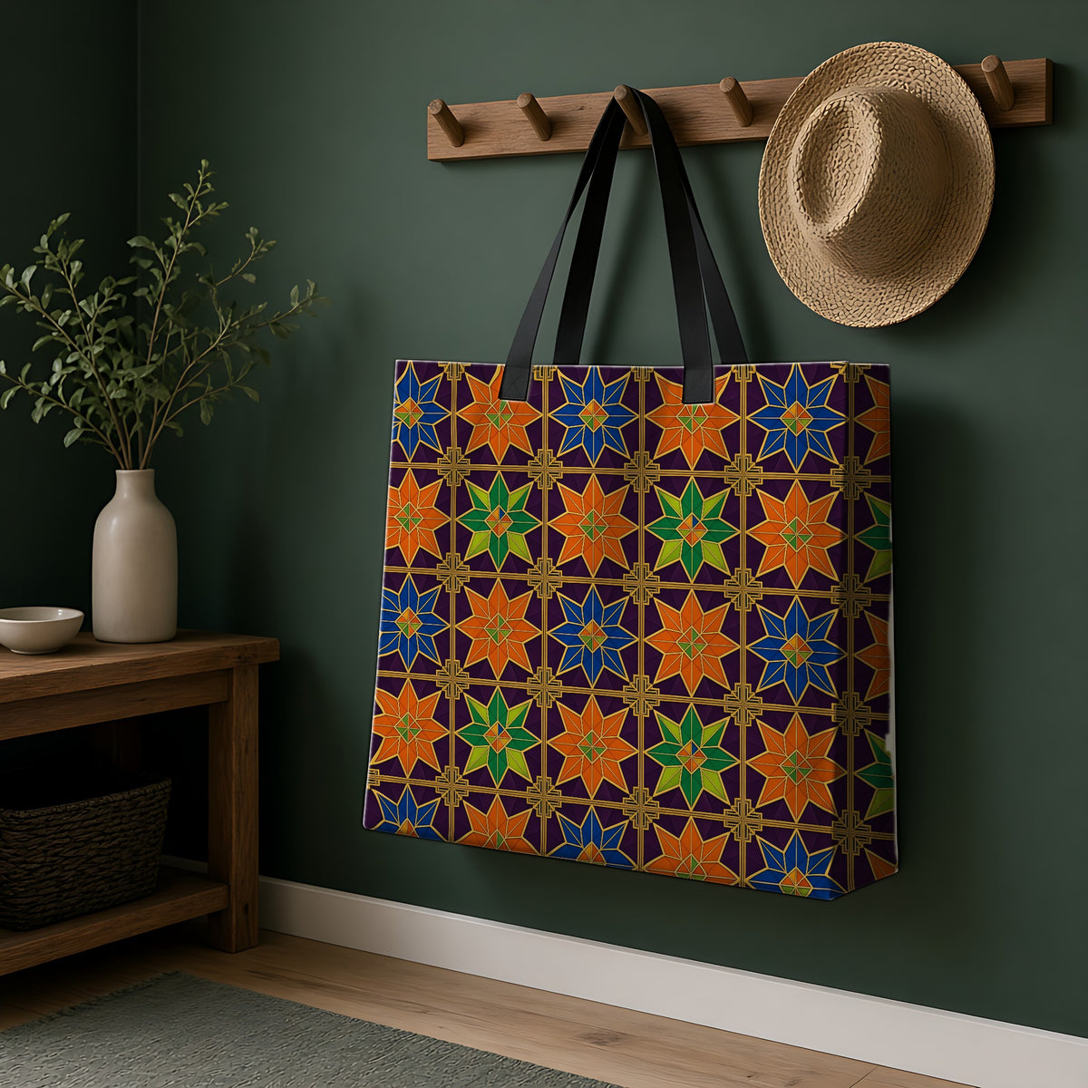 Deco Star Tiles Weekender Tote Bag hanging on a peg rail in a green hallway