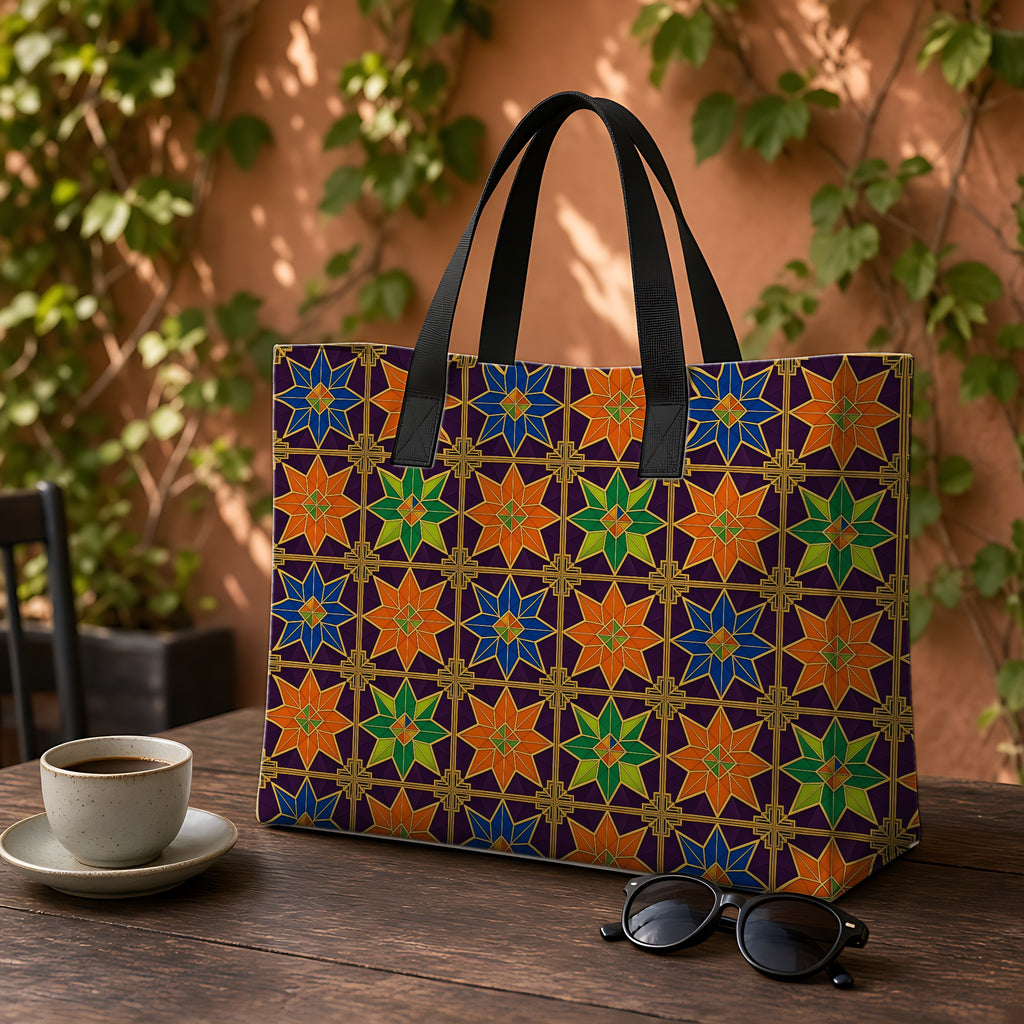 Deco Star Tiles Weekender Tote Bag on a garden café table