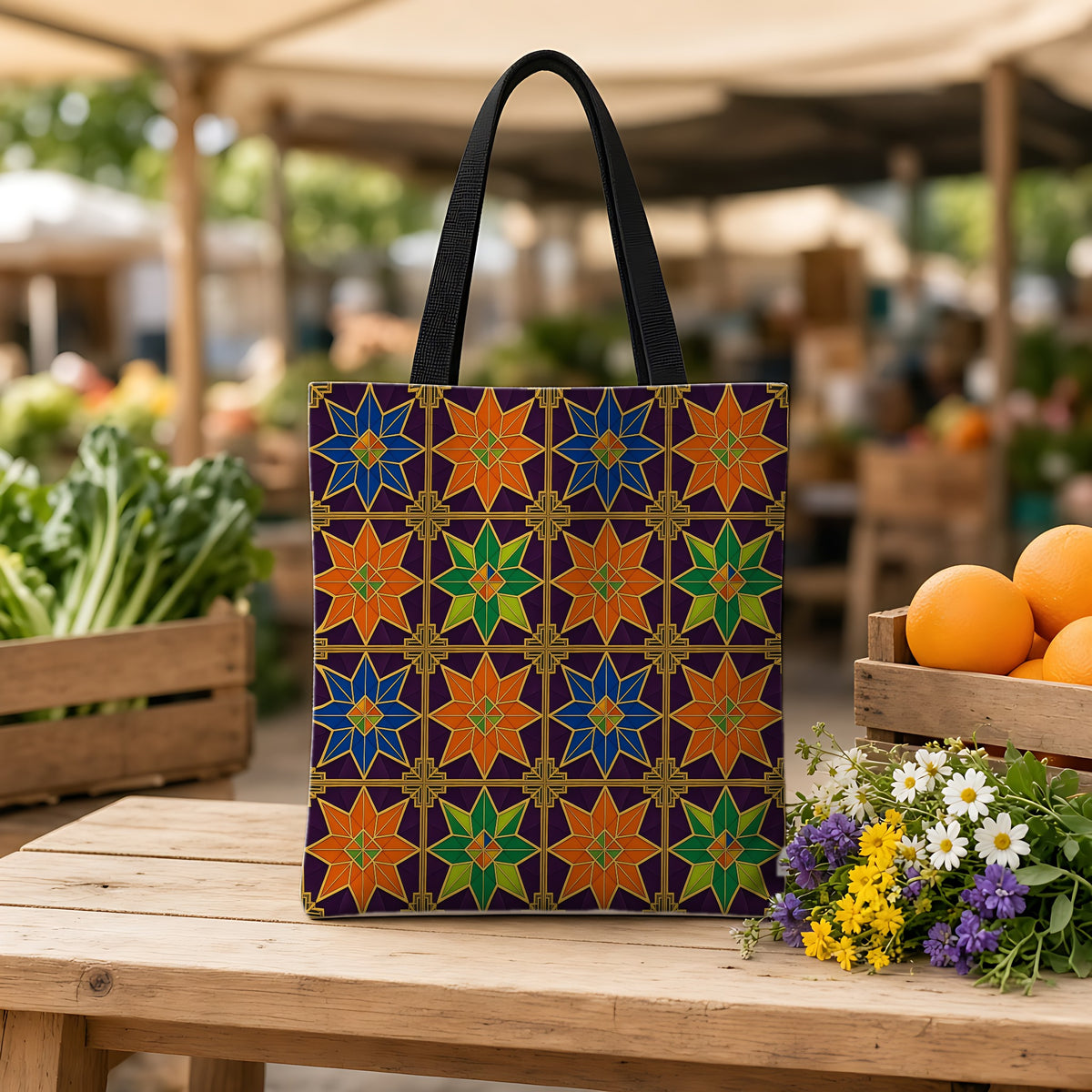Deco Star Tiles Weekender Tote Bag on a wooden bench at a farmers market