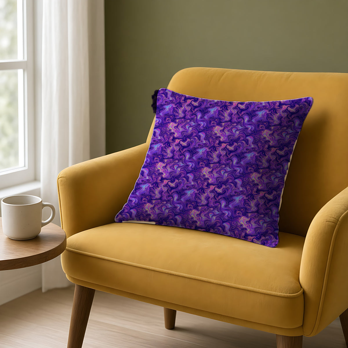 Ultraviolet Marble Swirl Faux Suede Cushion on a mustard armchair by a window