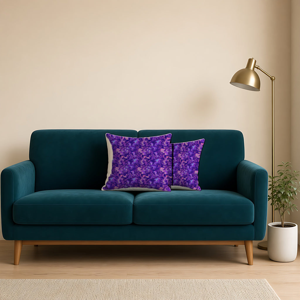 Ultraviolet Marble Swirl Faux Suede Cushion on a teal velvet sofa