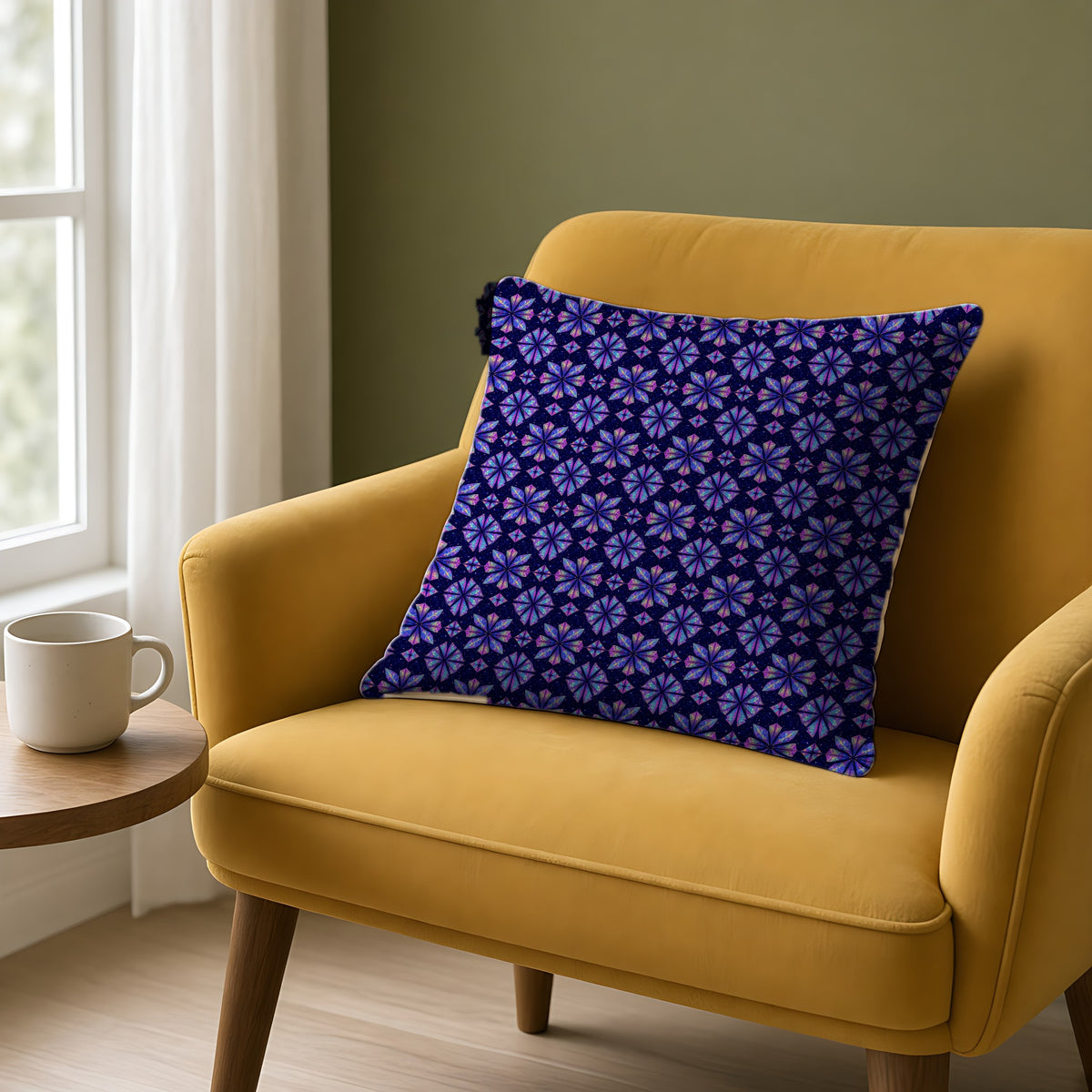 Crystal Bloom Kaleidoscope Faux Suede Cushion on a mustard armchair by a window