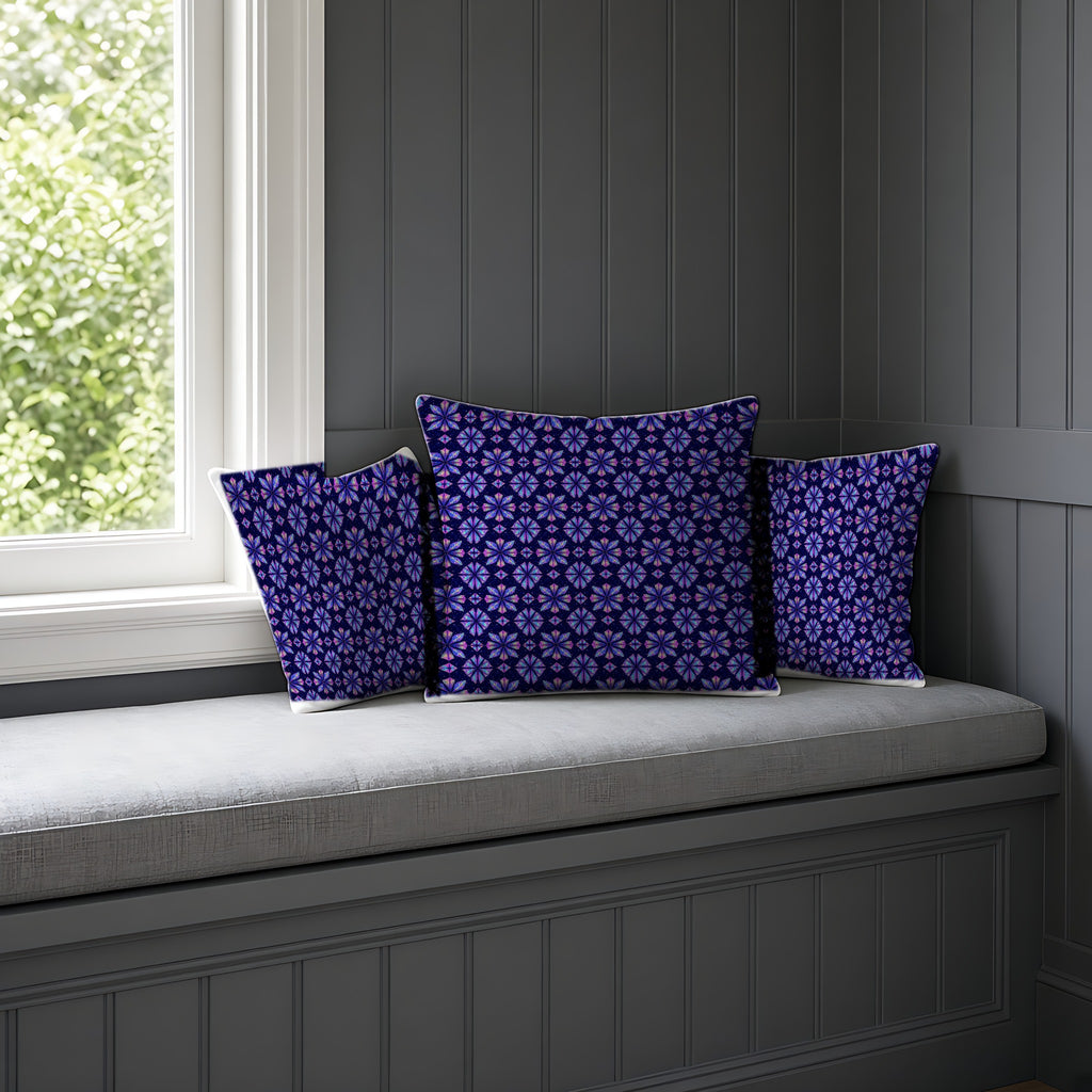Crystal Bloom Kaleidoscope Faux Suede Cushion on a window seat