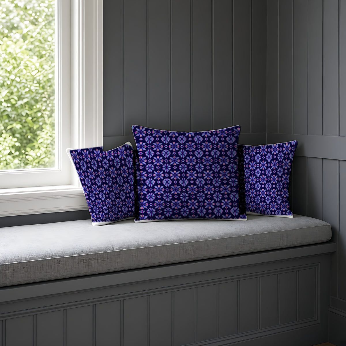 Crystal Bloom Kaleidoscope Faux Suede Cushion on a window seat