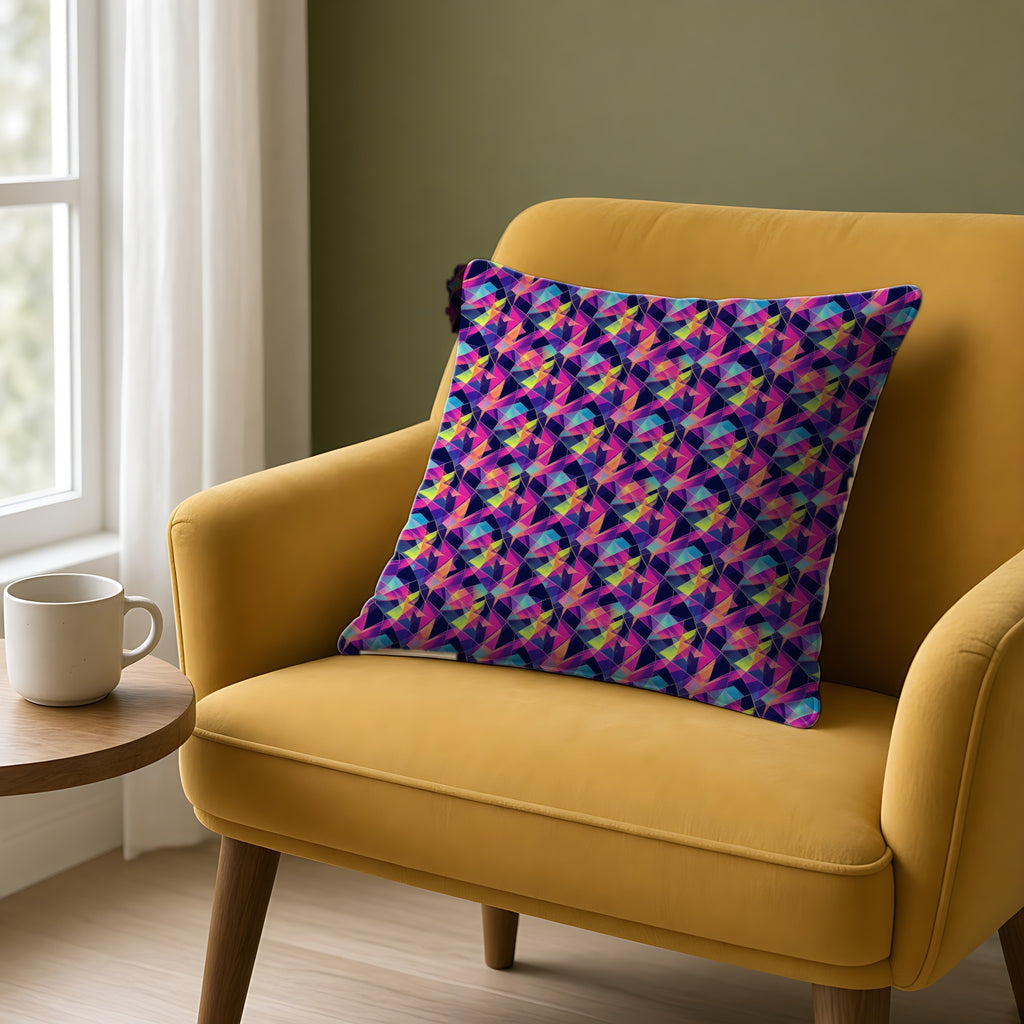 Prism Shard Cubist Faux Suede Cushion on a mustard armchair by a window