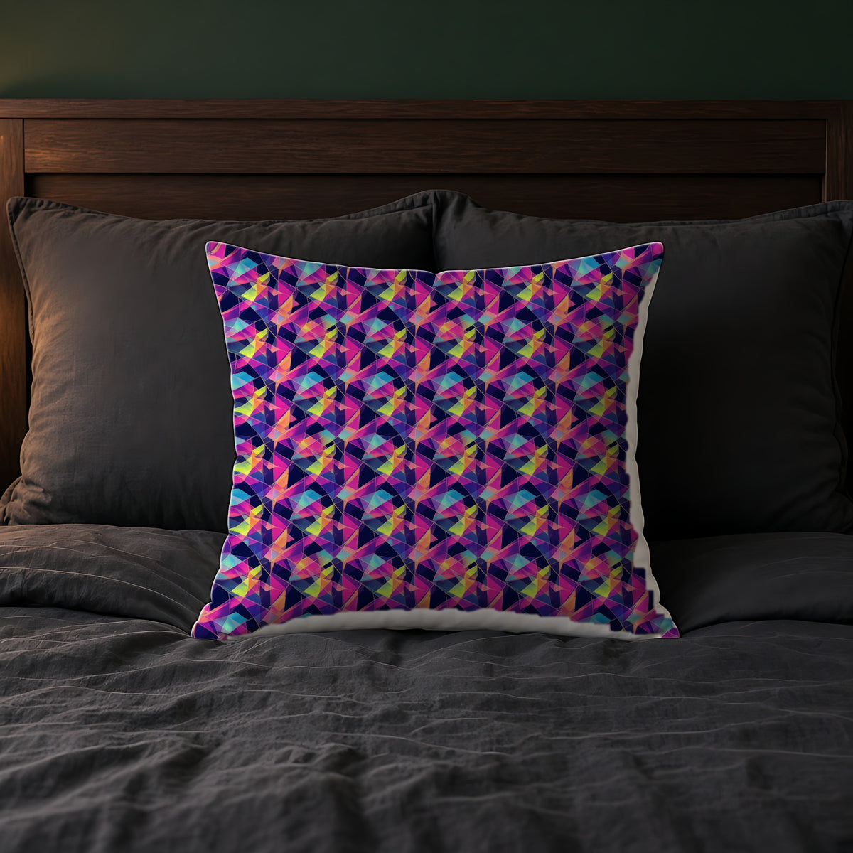 Prism Shard Cubist Faux Suede Cushion on a bed with charcoal bedding