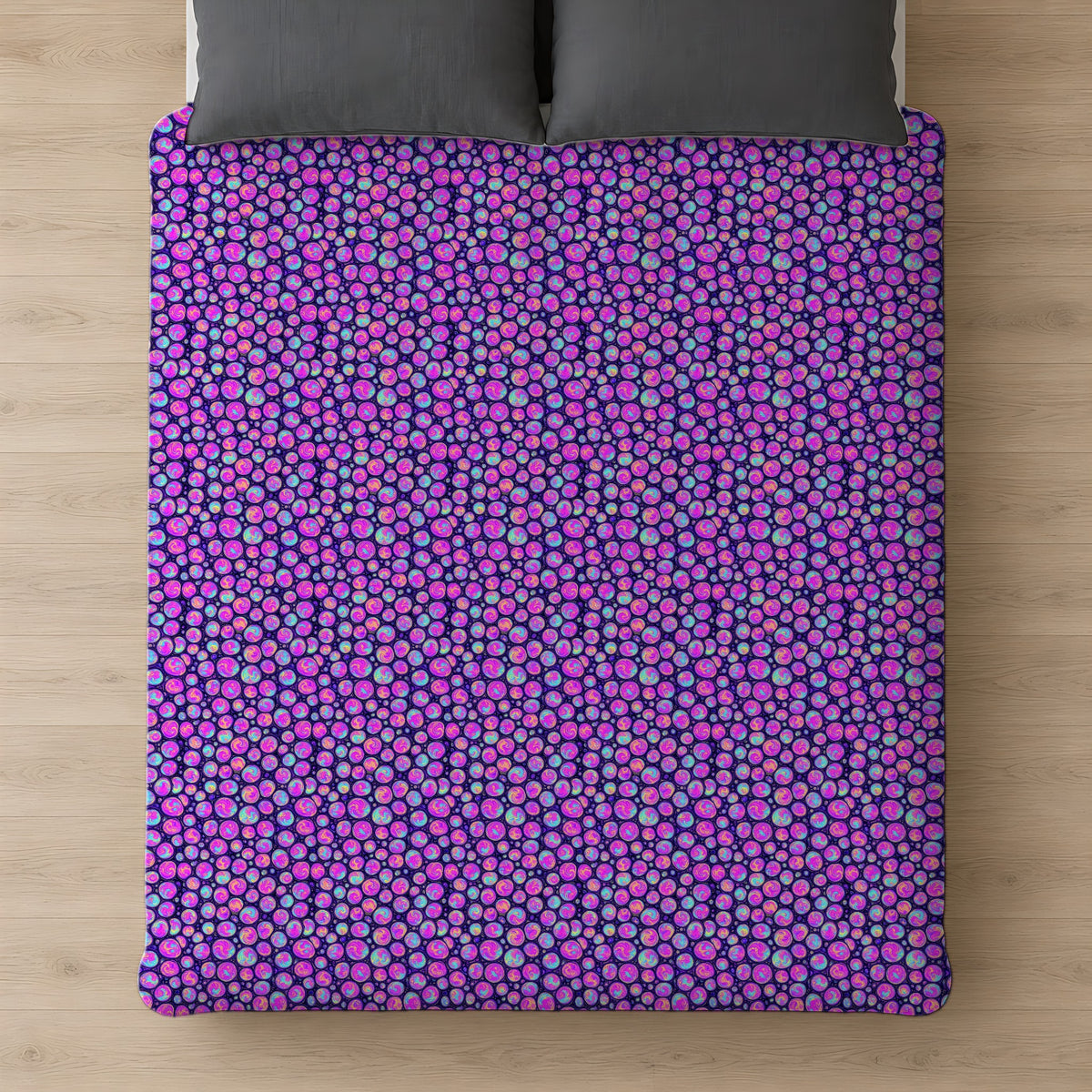 Opal Bubble Cells Cotton Duvet Cover on a bed, seen from above