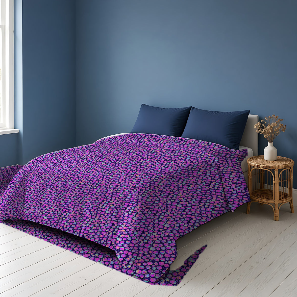 Opal Bubble Cells Cotton Duvet Cover on a bed in a Scandinavian blue bedroom